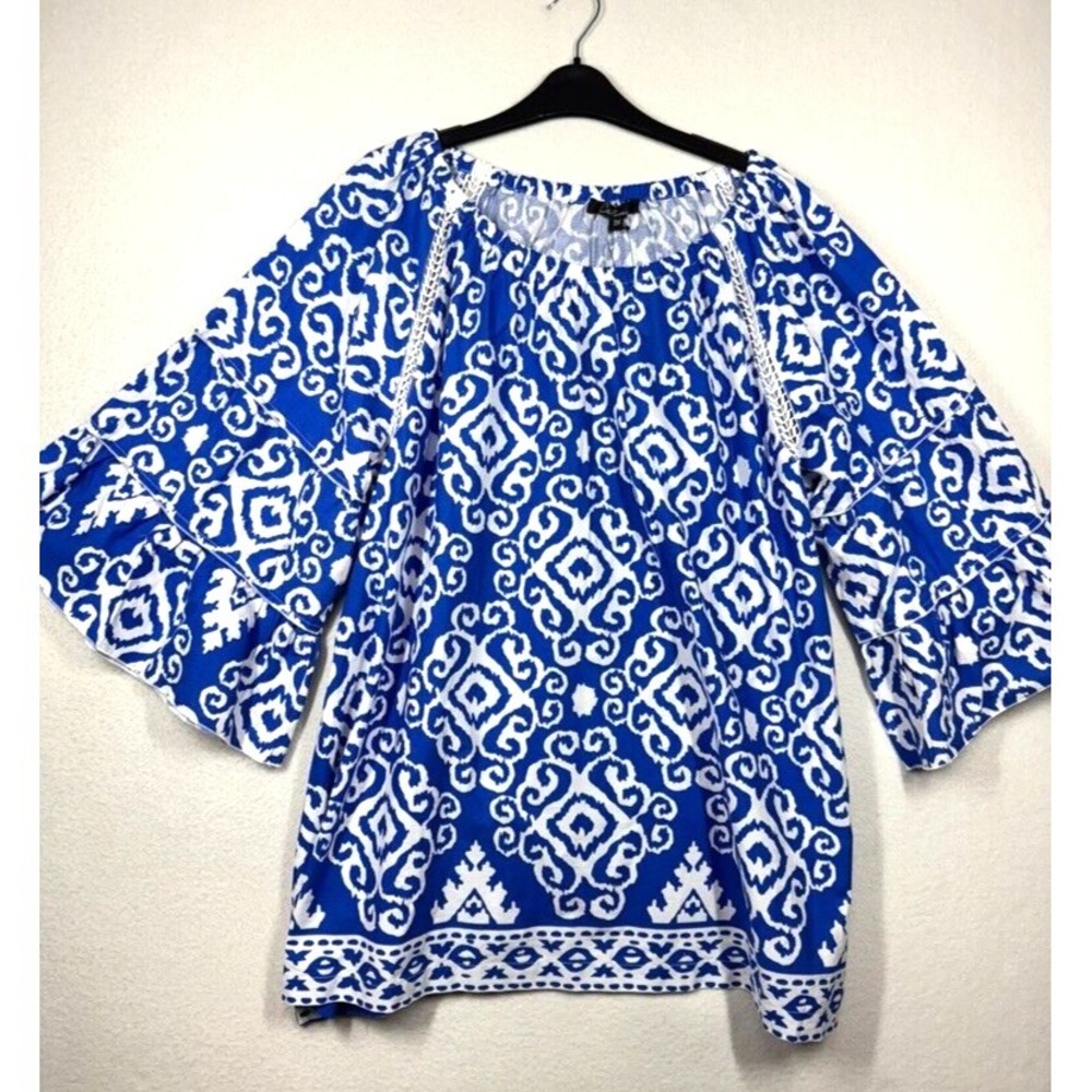 Calessa Blouse Womens 3XL Blue White Tunic Flutter Sleeves Coastal Beach NWT
